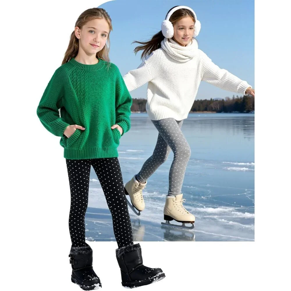 2 Pack Girls Cotton Fleece Lined Leggings Kids Thick Thermal Tights Winter Full - Picture 5 of 7